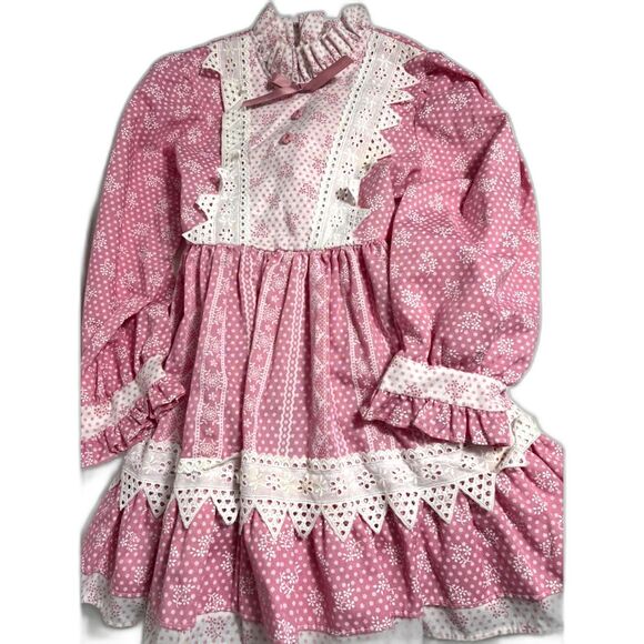 Miniworld Vintage Girl's dress Prarie Traditional Pinafore 70s Lace 4 Pink Ivory - Picture 1 of 5
